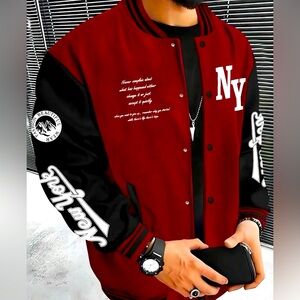 New - Men's NY Varsity Style Bomber Jacket - Maroon/Black - Size M